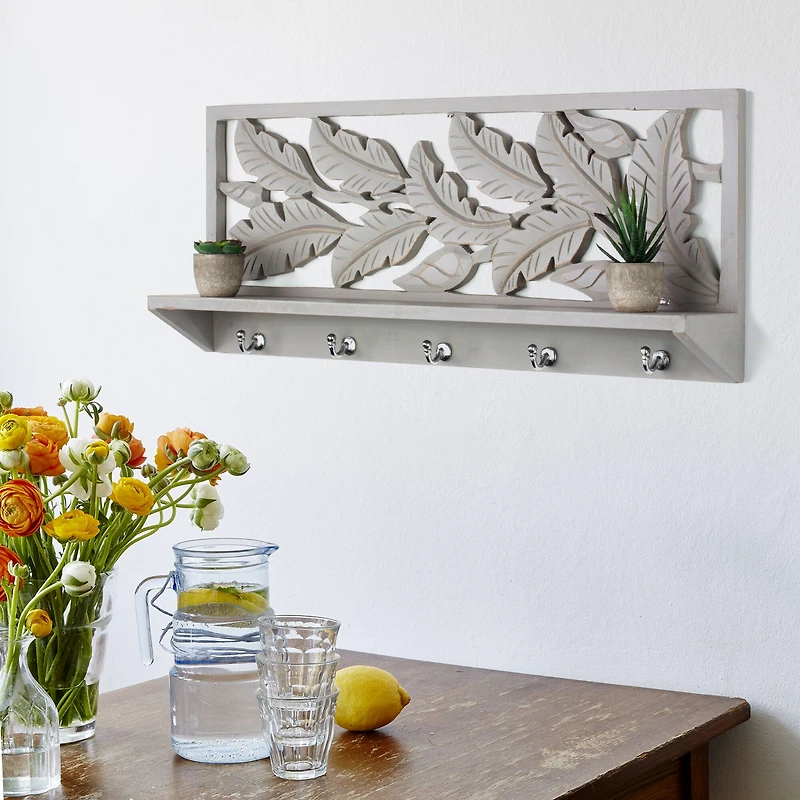 30" Dove Gray Hand-Carved Floating Wall Shelf