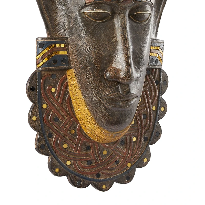 Brown Polystone Primitive African Mask Sculpture 12" x 4" x 24"