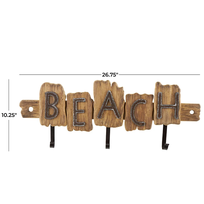 27" x 10" Brown Wood Handmade Live Edge Beach Sign 3 Hanger Wall Hook with Metal Accents