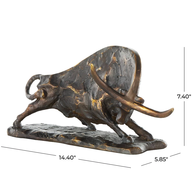 14.5" Black Polystone Bull Distressed Textured Decorative Sculpture with Gold Accents