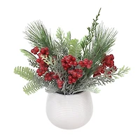 10" Glitter Pine, Cedar & Red Berry Arrangement in White Ceramic Pot by Ashland®