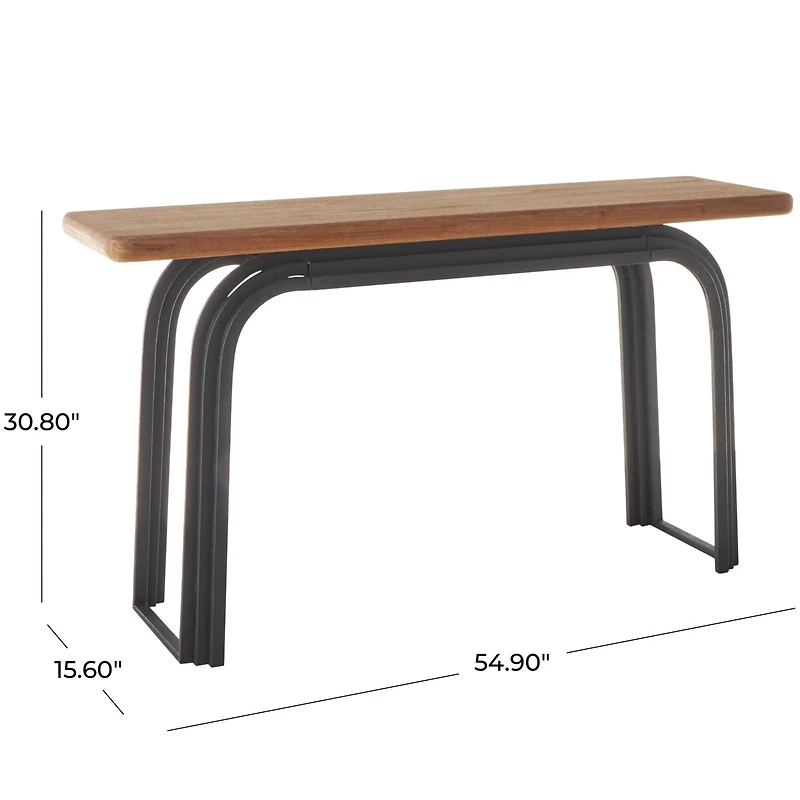55" Black Metal Layered Arch Living Room Console Table with Brown Tabletop