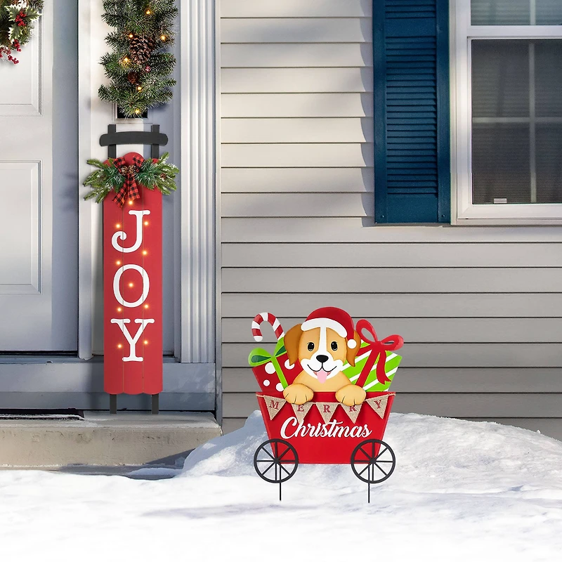 Glitzhome® 24" Metal Christmas Dog and Gift Cart Yard Stake