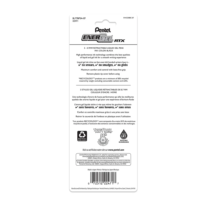 Pentel® EnerGel RTX 0.7mm Retractable Liquid Gel Pens