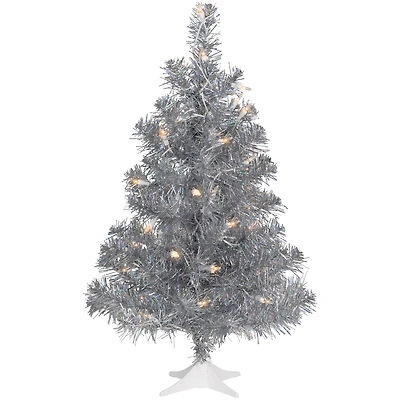 2ft. Pre-Lit Silver Iridescent Tinsel Artificial Christmas Tree, Clear Lights