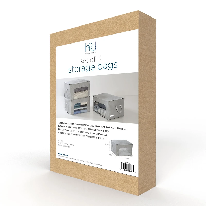 Honey Can Do Gray Clothes Storage Bags with Handles and Clear-View Windows, 3ct.