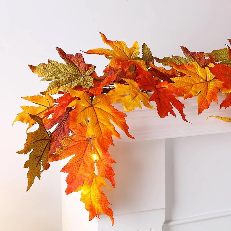 Glitzhome® 6ft. Fall Lighted Maple Leaves Garland with Timer