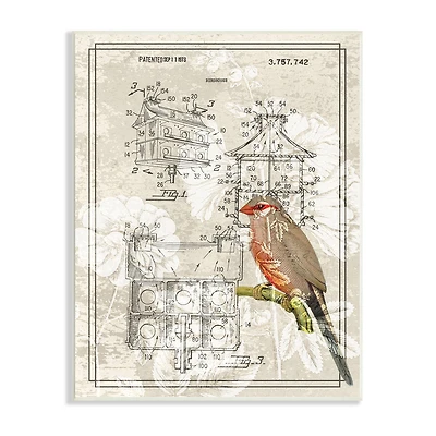 Stupell Industries Vintage Bird House Figure Patent Garden Finch Illustration Wall Plaque