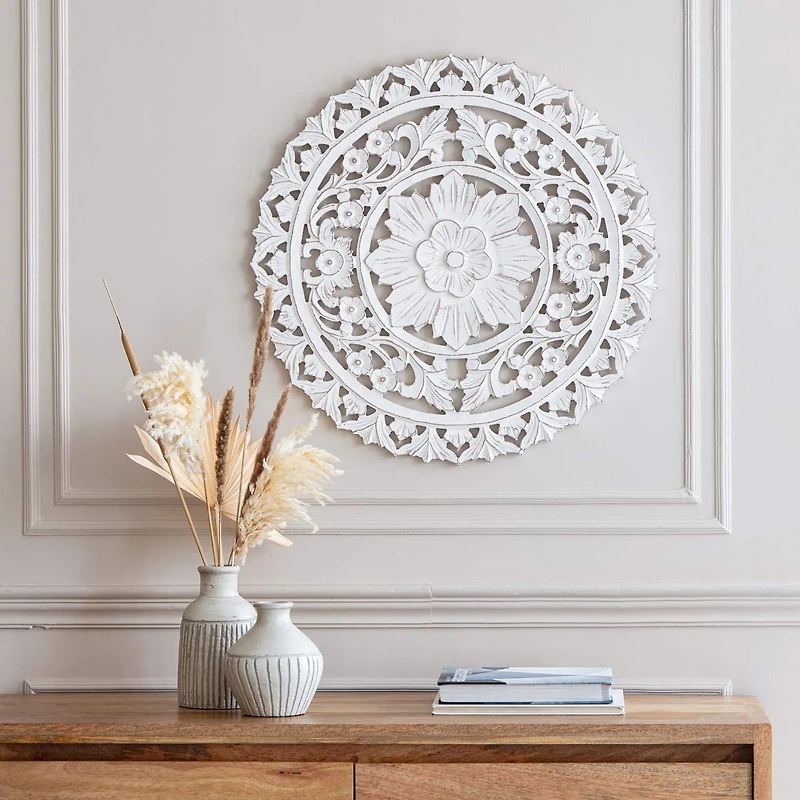 Habitat Etta 24" White Carved Floral Round Wall Art