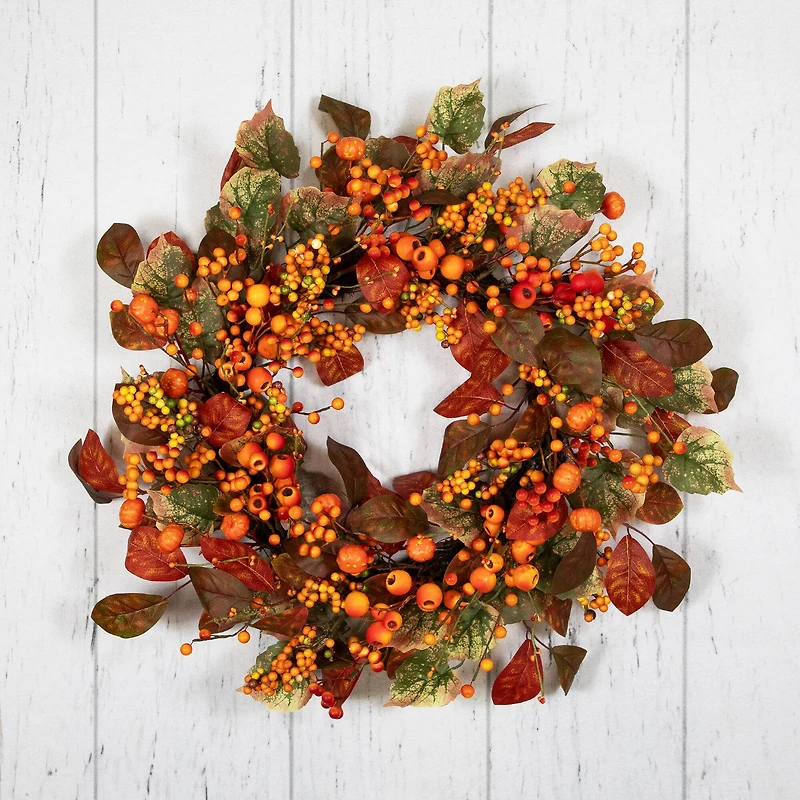 24" Orange & Green Berry & Pumpkin Fall Harvest Wreath