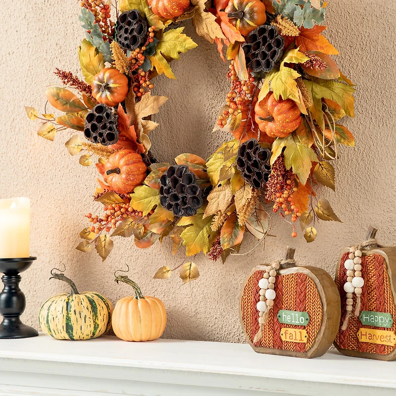 Glitzhome® 24" Fall Pumpkin Leaf Floral Wreath