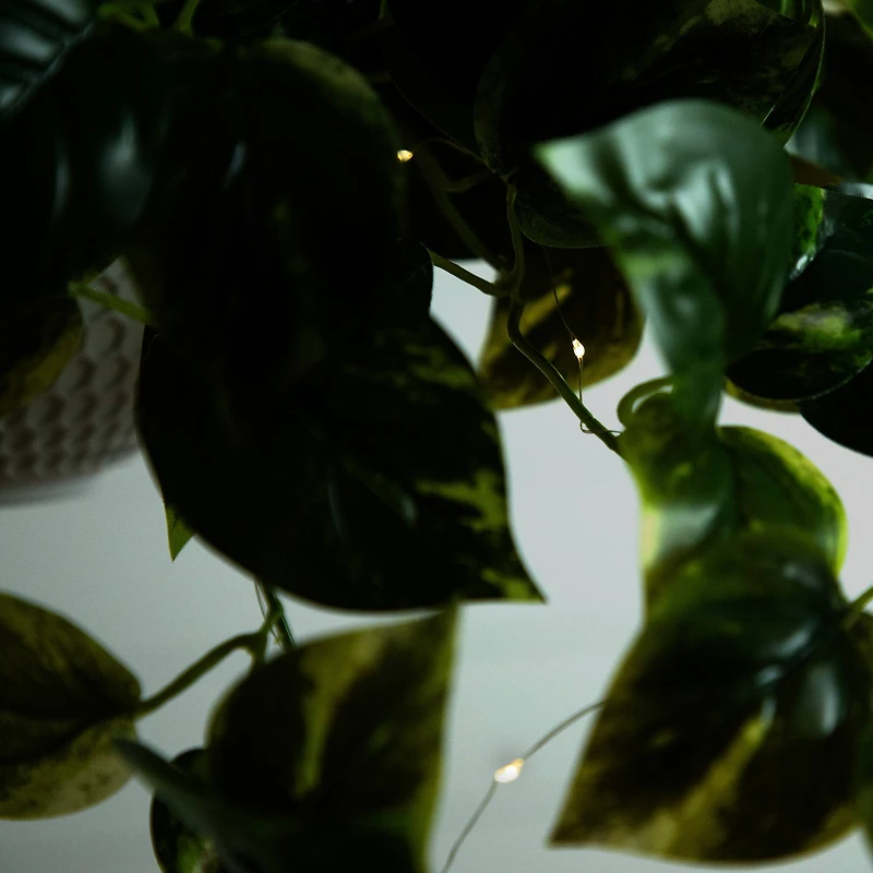 24" UV Resistant Artificial LED Pothos in White Hanging Basket