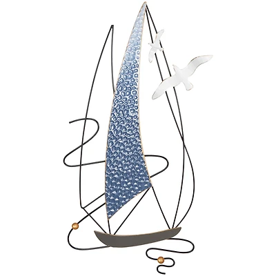 Blue Metal Sailboat Wall Decor with Black Wire Frame and White Bird Accents