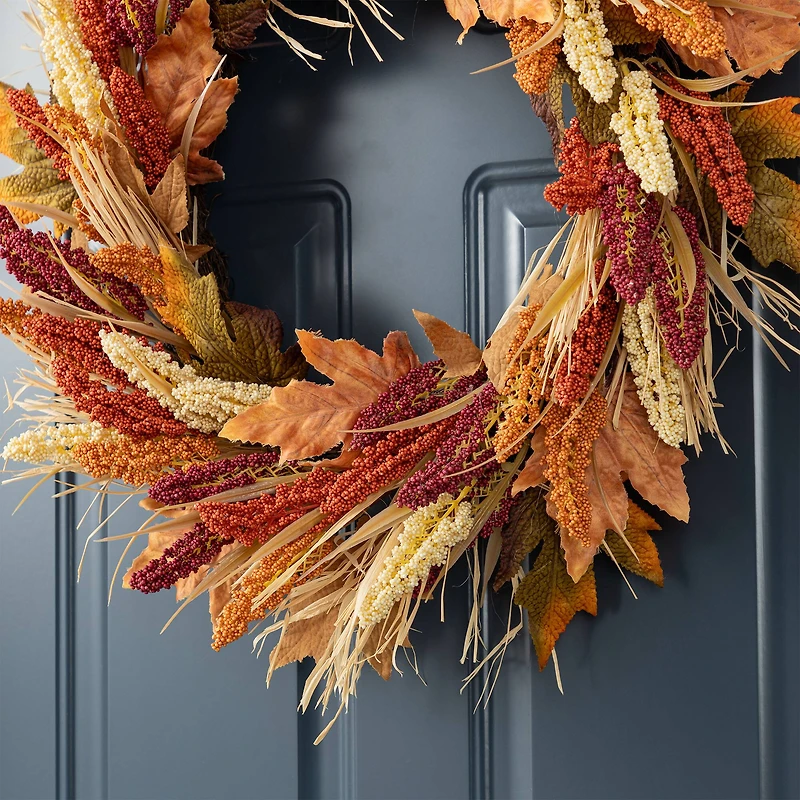 Glitzhome® 24" Fall Sorghum Wreath Includes a Black Metal Wreath Hanger