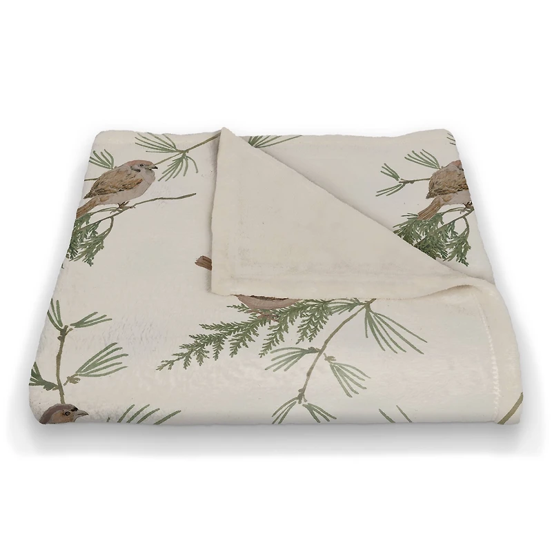 Pine & Birds on White Coral Fleece Blanket