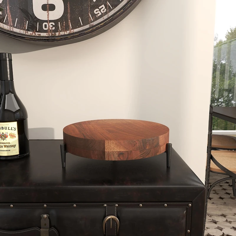 12" Brown Wood Tray with Black Metal Legs