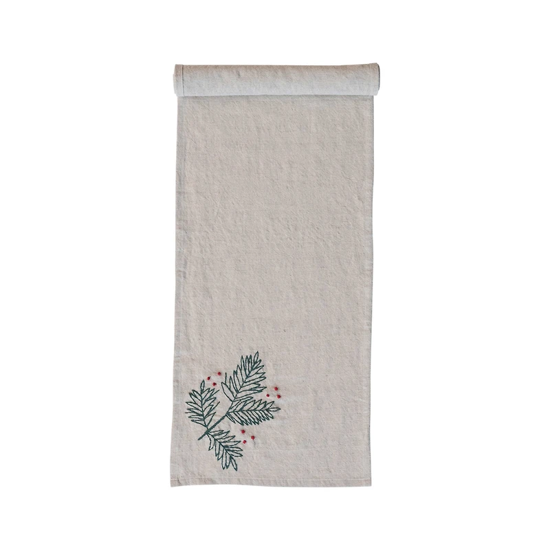 Hello Honey® 72" Natural, Green & Red Woven Cotton & Linen Table Runner with Hand-Embroidered Holly & French Knots