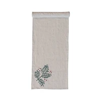 Hello Honey® 72" Natural, Green & Red Woven Cotton & Linen Table Runner with Hand-Embroidered Holly & French Knots