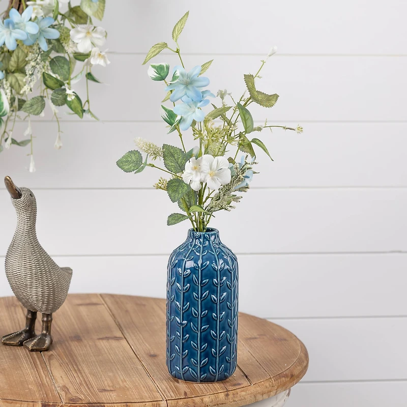 8.75" Blue Ceramic Leaf Pattern Vase, 2ct.