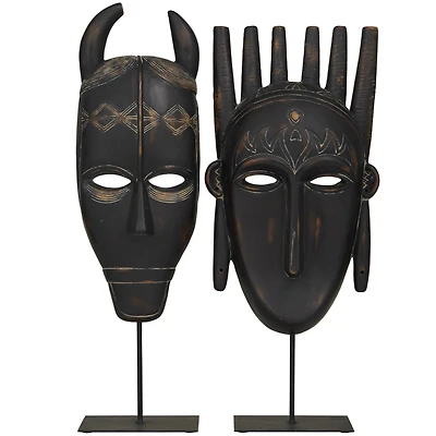 Black Polystone Handmade Carved Mask Sculpture Set