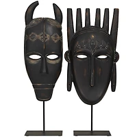 Black Polystone Handmade Carved Mask Sculpture Set