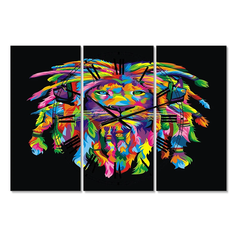 Designart Lion Rasta Oversized Modern 3 Panel Wall Clock