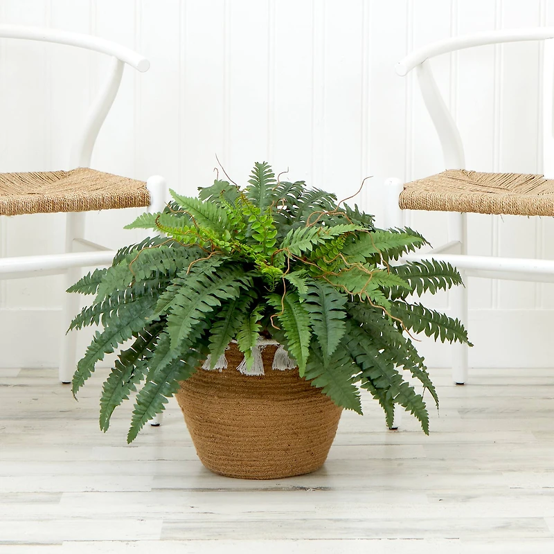 23" Artificial Boston Fern Plant in Handmade Jute & Cotton Basket with Tassels