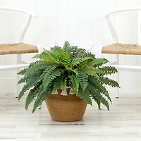 23" Artificial Boston Fern Plant in Handmade Jute & Cotton Basket with Tassels