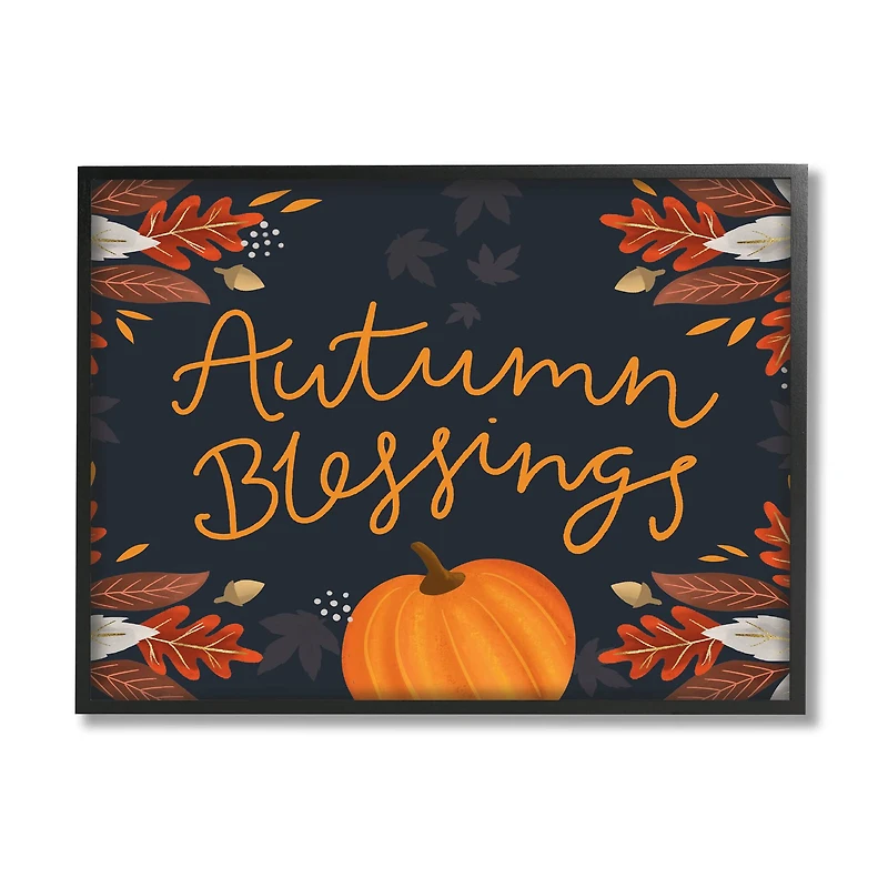 Stupell Industries Autumn Blessings Fall Leaves Pumpkin Framed Giclée Art
