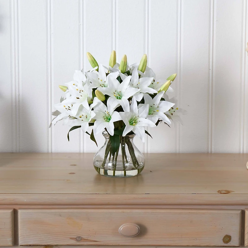 13.5" White Lily Arrangement with Glass Vase