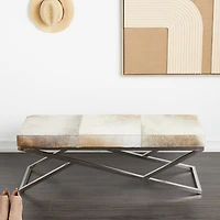 Light Gray Leather Geometric Bench with Angled Silver Metal Base