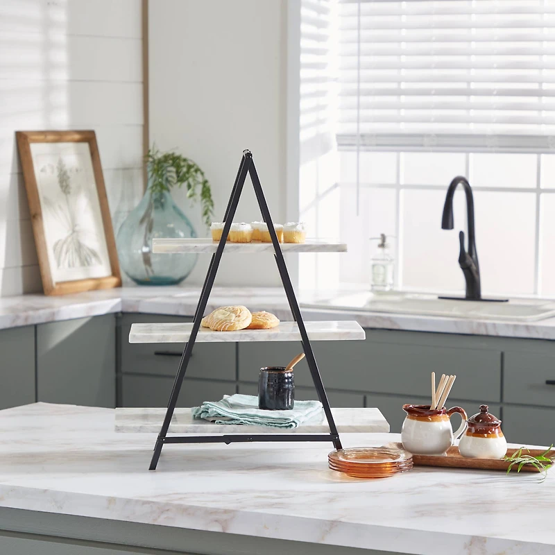 23" White Marble & Iron Contemporary 3-Tier Tray Stand