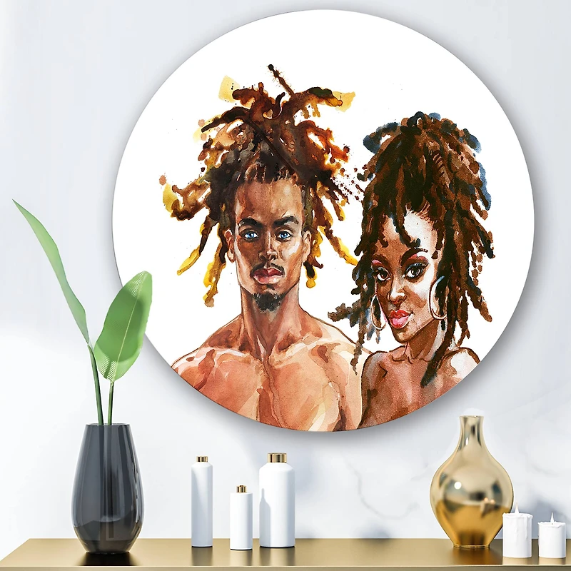 Designart - Portrait of Afro American Couple - Modern Metal Circle Wall Art