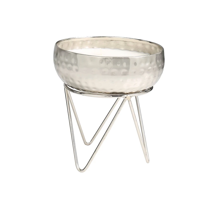 White Wax Campfire Scented Candle with Hammered Silver Container and Tripod Stand