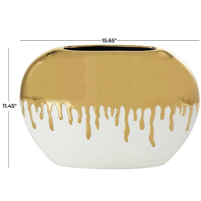 CosmoLiving by Cosmopolitan 16" White Ceramic Vase with Abstract Gold Melting Drips