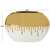 CosmoLiving by Cosmopolitan 16" White Ceramic Vase with Abstract Gold Melting Drips