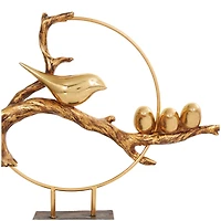 16" Gold Polystone Bird Family On A Branch Sculpture with Brown Block Base