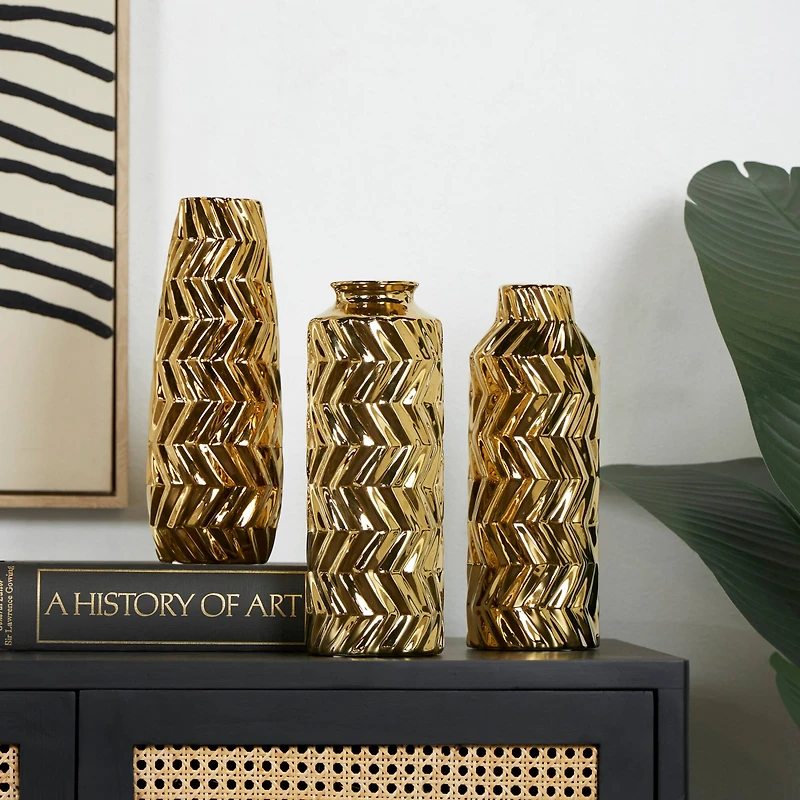 Gold Ceramic Dimensional Chevron Textured Vase with Varying Shapes Set