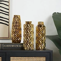 Gold Ceramic Dimensional Chevron Textured Vase with Varying Shapes Set