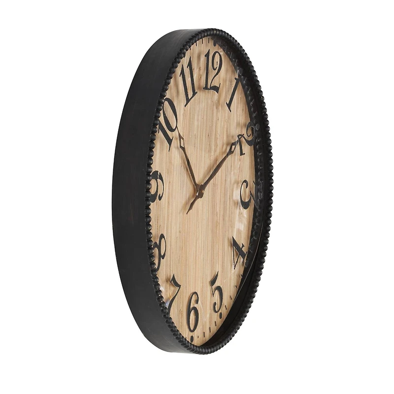 24" Light Brown Distressed Wall Clock with Black Beaded Frame
