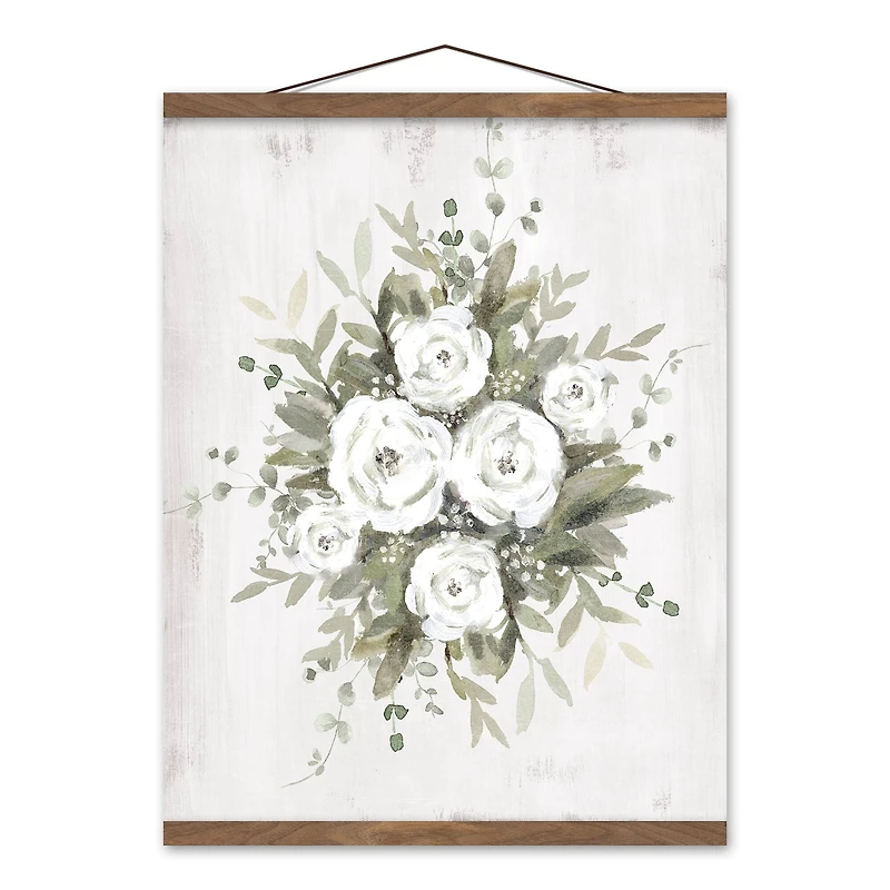Sage And White Florals 16" x 20" Teak Hanging Canvas