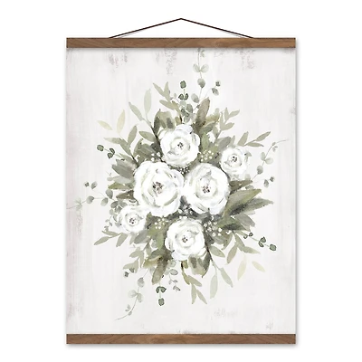 Sage And White Florals 16" x 20" Teak Hanging Canvas