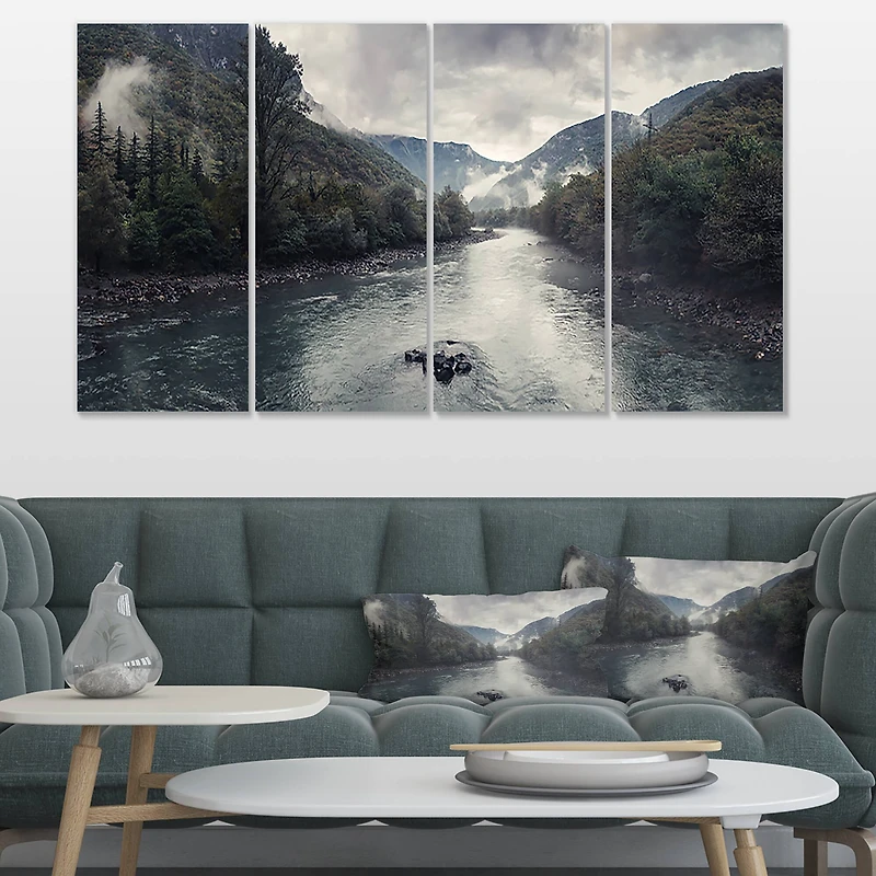 Designart - Mountain River with Fog and Rain
