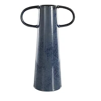 16" Dark Blue Ceramic Textured Cone Vase with Curved Handles