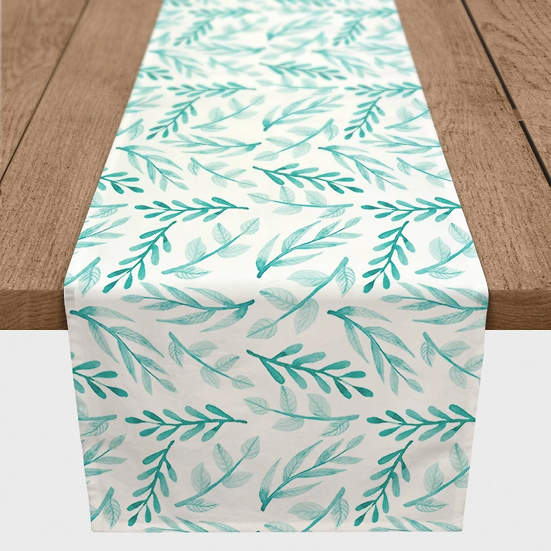 90" Blue Leafy Branches Cotton Twill Runner