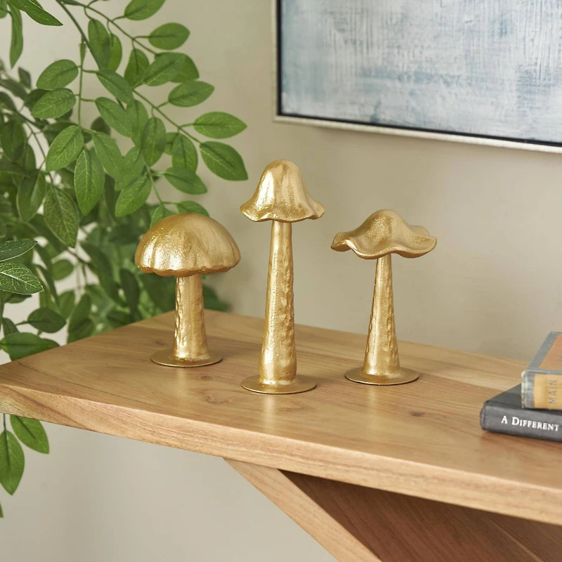 Gold Metal Mushroom Metallic Sculptures with Round Base, 3ct.