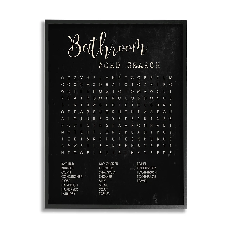 Stupell Industries Bathroom Word Search Activity over Distressed Black Framed Wall Art