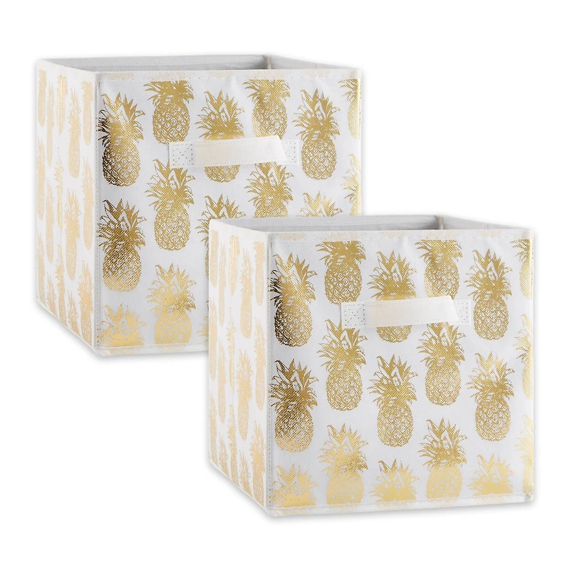 DII® 11" Nonwoven Polyester White & Gold Pineapple Storage Cube