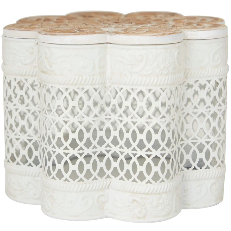 White Metal Quatrefoil Decorative Jars with Wood Carved Lids Set