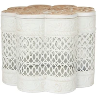 White Metal Quatrefoil Decorative Jars with Wood Carved Lids Set